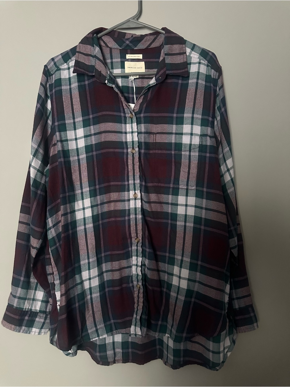 American Eagle Outfitters Plaid Button-Down Shirt in Burgundy, Green & White